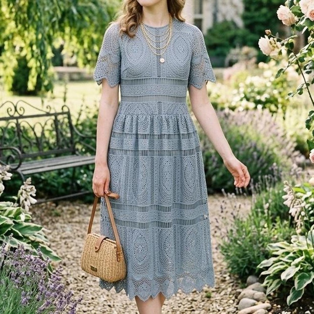 Dusty Gray Crochet Lace Midi Dress | Boho Modest Flutter Sleeve Cocktail Dress 6